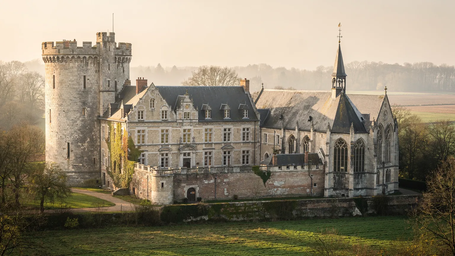 Sfeerillustratie van verschillende bouwstijlen in een fictief Belgisch kasteel