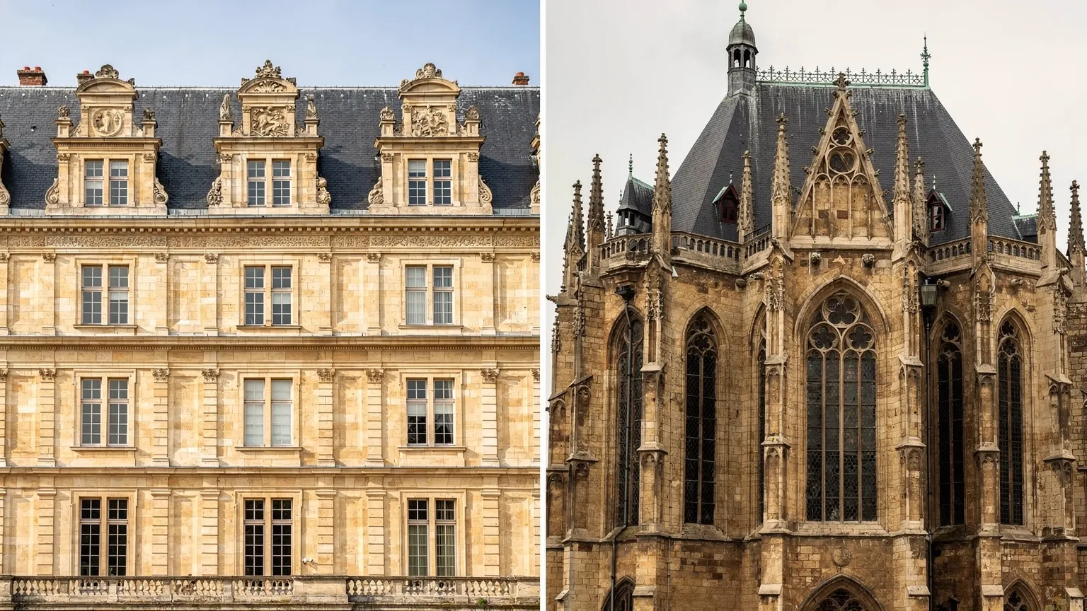 Vergelijkende illustratie van renaissancearchitectuur en neogotiek bij fictieve kasteelgevels