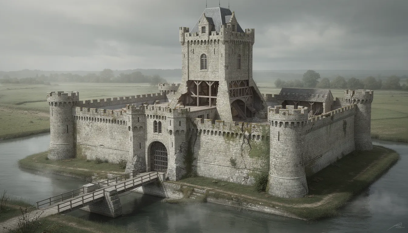 Illustratie van een verdedigbare middeleeuwse burcht met poort, ringmuur en donjon