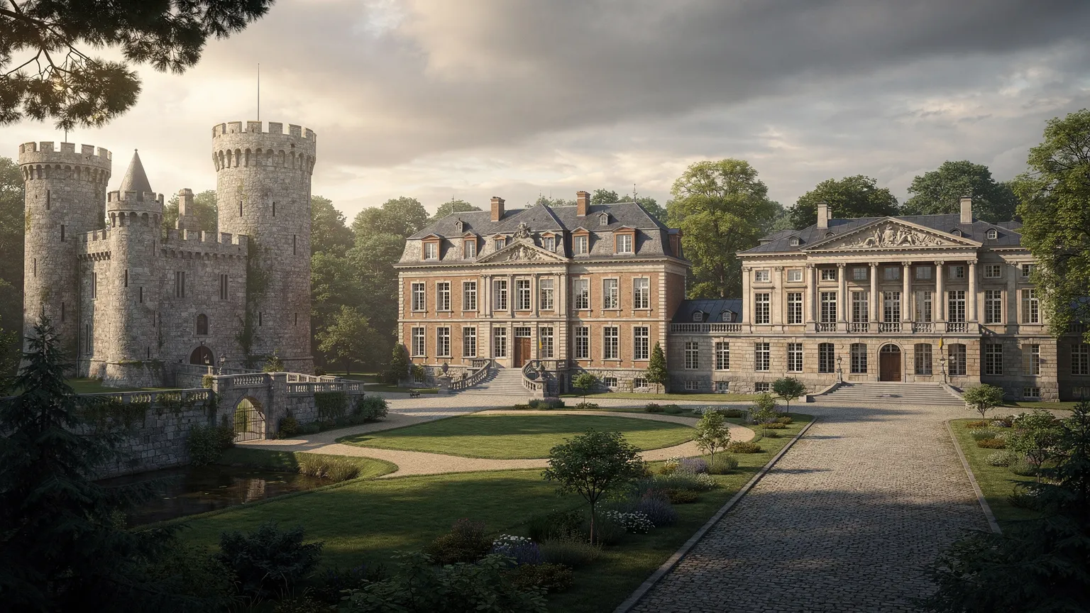 Illustratie van een middeleeuwse burcht, een residentieel kasteel en een monumentaal paleis naast elkaar