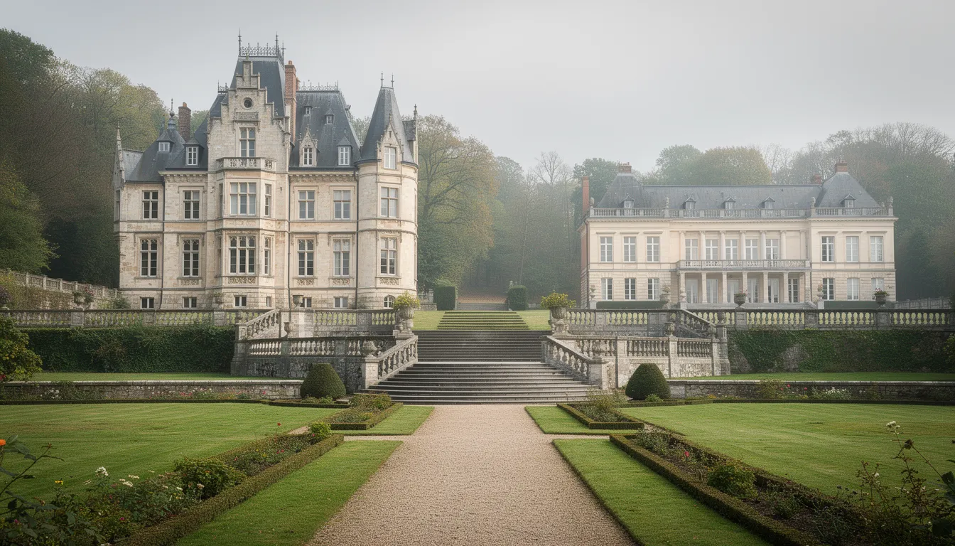 Illustratie van een adellijke residentie met grote vensters, tuin en representatieve architectuur