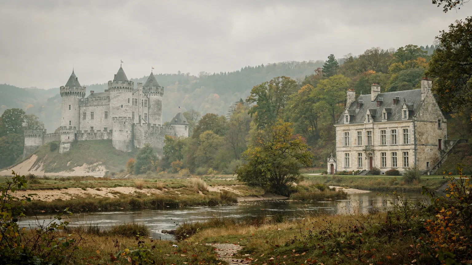 Illustratie van een middeleeuwse burcht en een latere kasteelresidentie in een historisch landschap