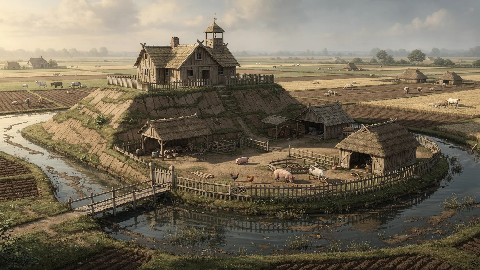 Illustratie van een middeleeuwse motte met opperhof en lager neerhof