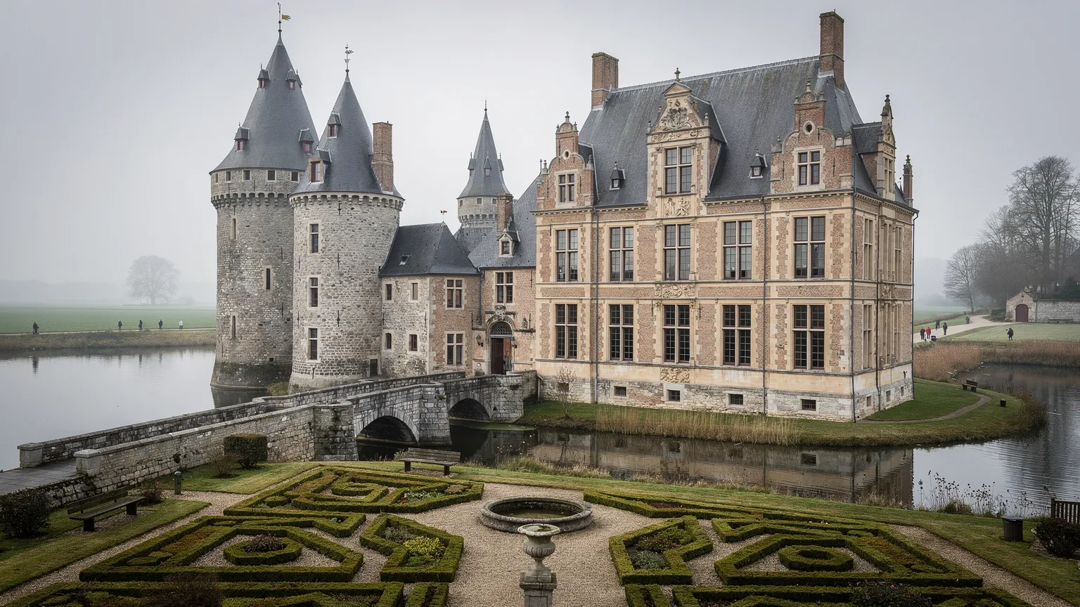 Illustratie van een renaissancekasteel met oudere torens, ruimere vensters en landschapstuin