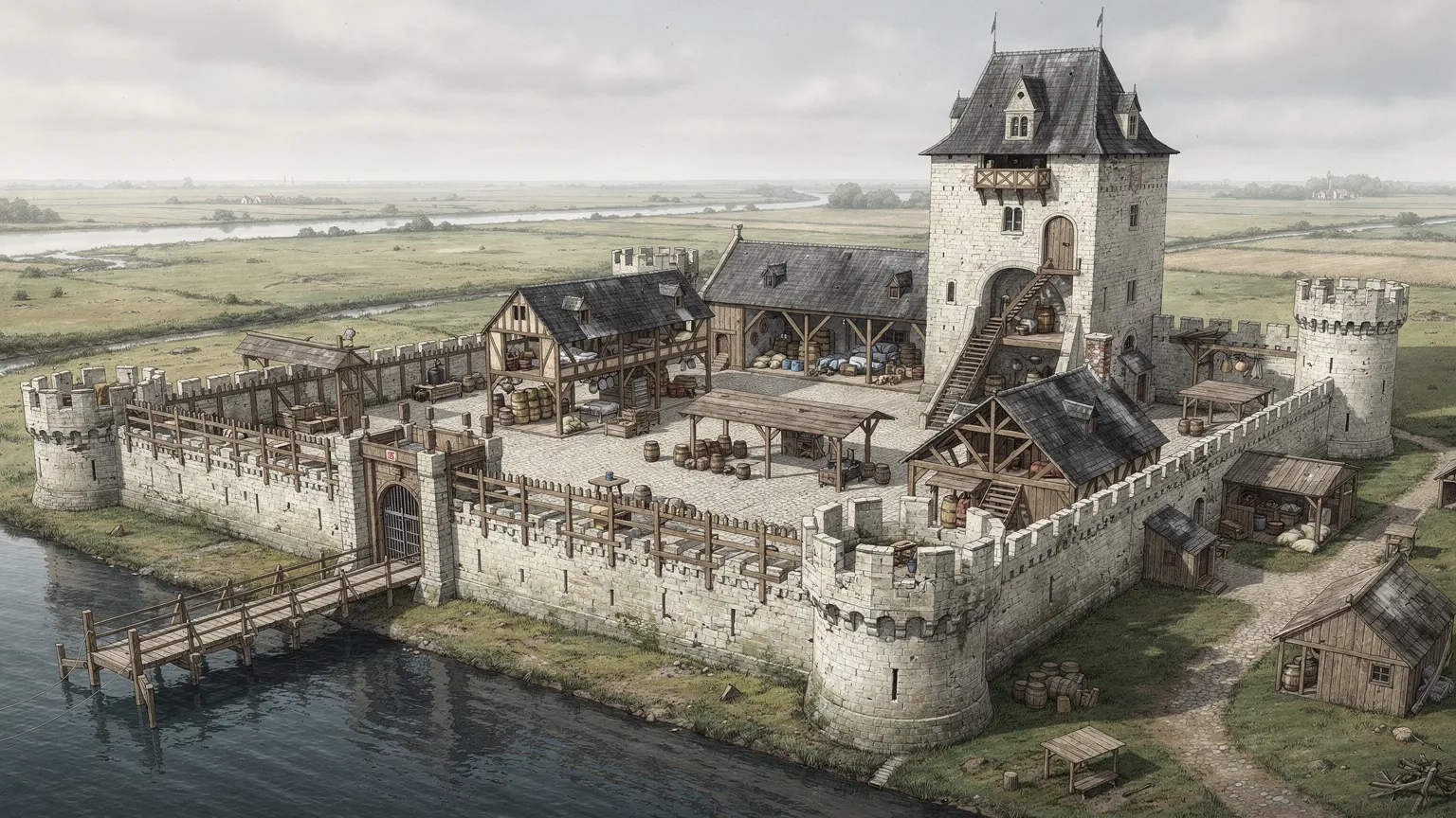 Schematische illustratie met poortgebouw, ringmuur, woontoren en binnenplaats van een middeleeuws kasteel