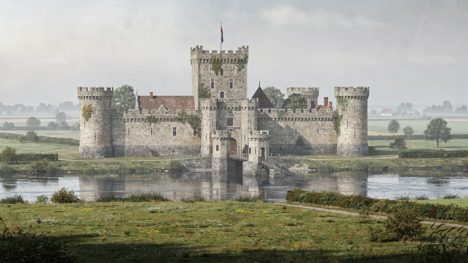 Illustratie van een denkbeeldig middeleeuws kasteel met ringmuur, poort en donjon